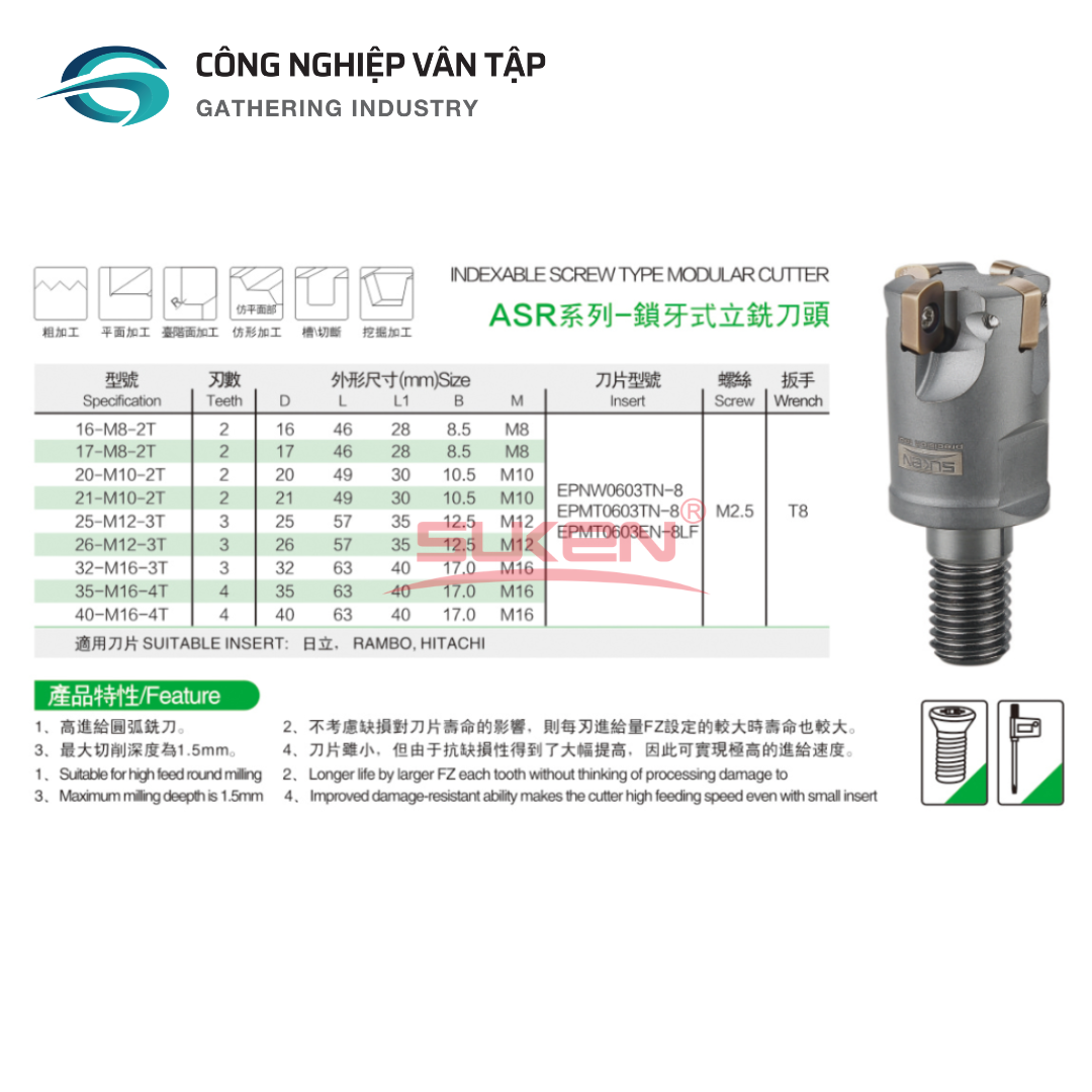 Đầu dao phay gắn mảnh ASR hãng SUKEN lắp mảnh EPNW0603, EPMT0603 - Ảnh 4
